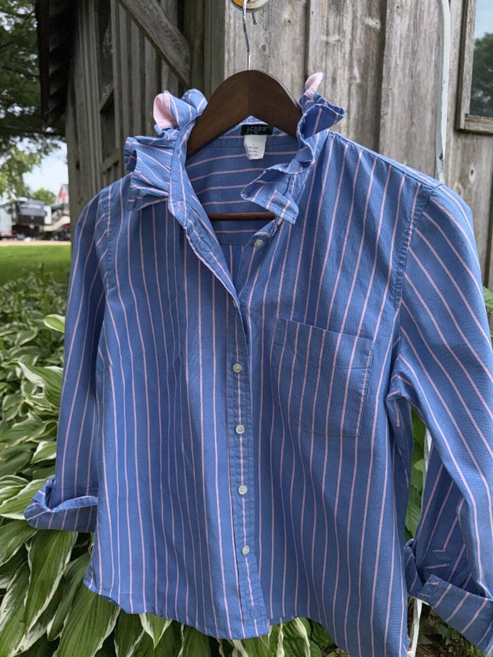 Womens ruffle collar button down J Crew  sky blue S